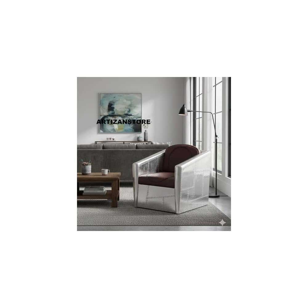 ARTIZANSTORE Aviator Armchair – Industrial Aluminum & Brown Leather Lounge Chair for Modern Industrial Home and Office Decor