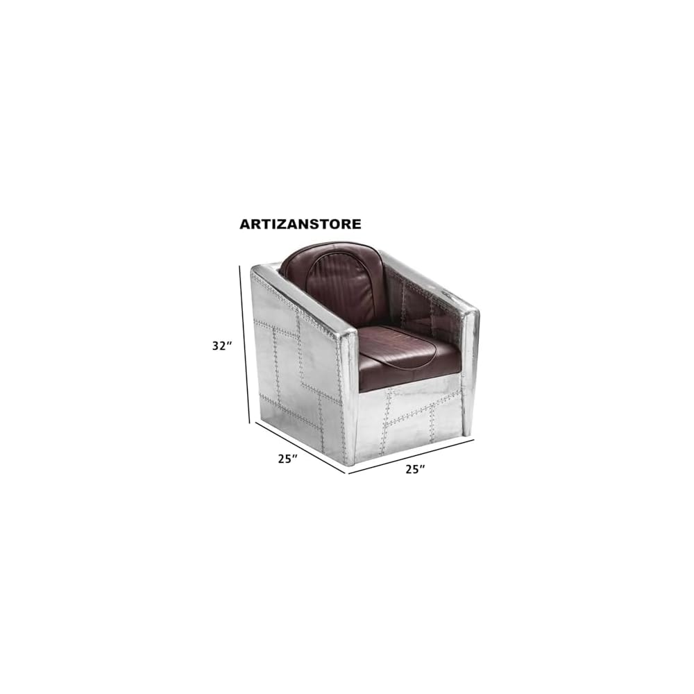 ARTIZANSTORE Aviator Armchair – Industrial Aluminum & Brown Leather Lounge Chair for Modern Industrial Home and Office Decor