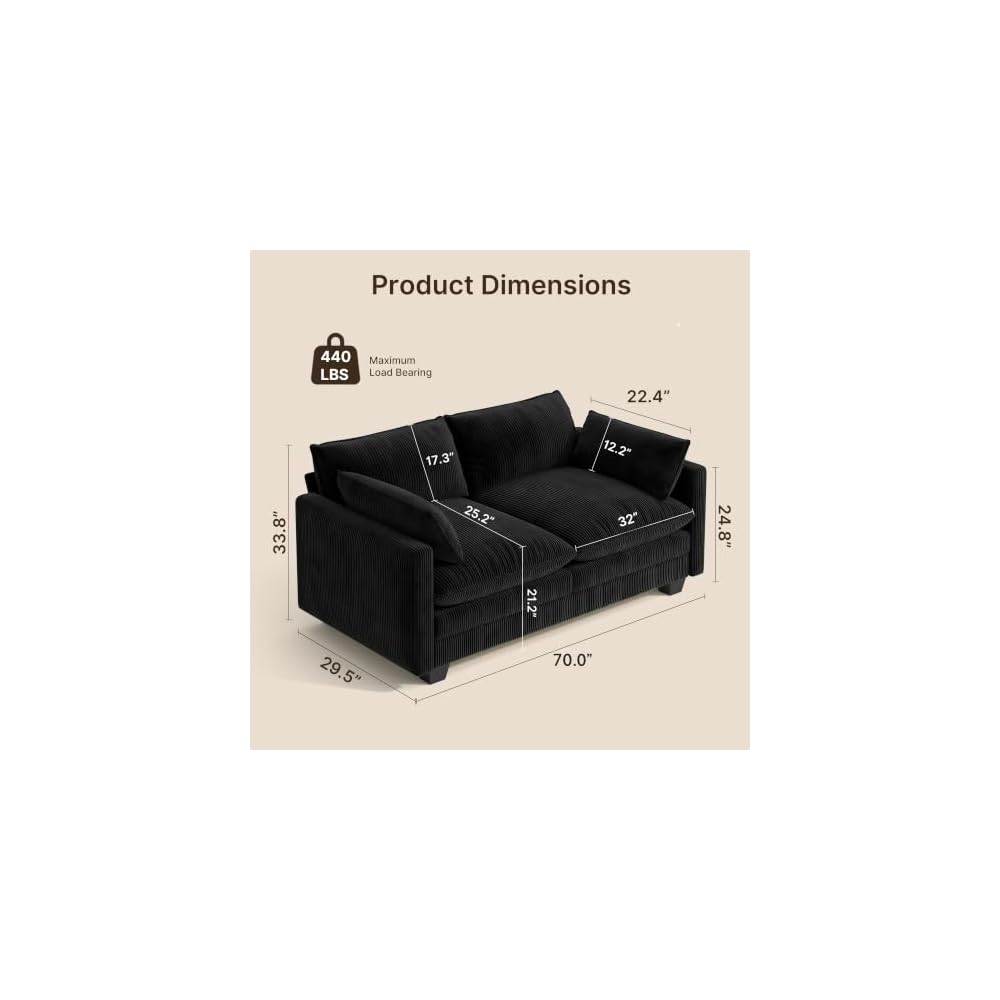 Gizoon 70” Small Cloud Loveseat Couches for Living Room, 2 Seater Love Seat Sofa with Comfy Deep Seat, Small Washable Couches with Removable Corduroy Cover for Apartment, Black