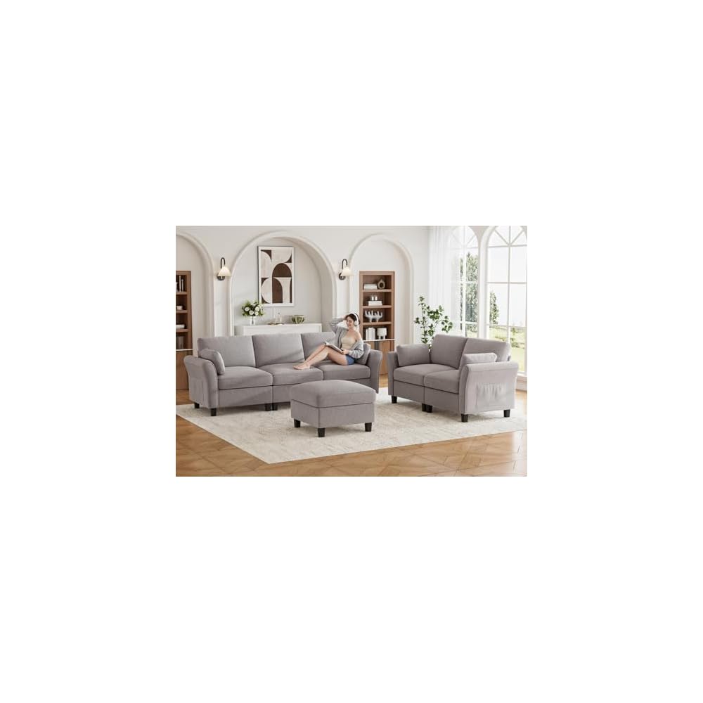 Legend Vansen Modular Sectional Sofa, 6‑Seat Comfy U‑Shaped Sectional Couch with Storage Space and Chaise, Convertible Sectional Couches for Living Room,Sofas Set with Curved Armrests,Light Grey