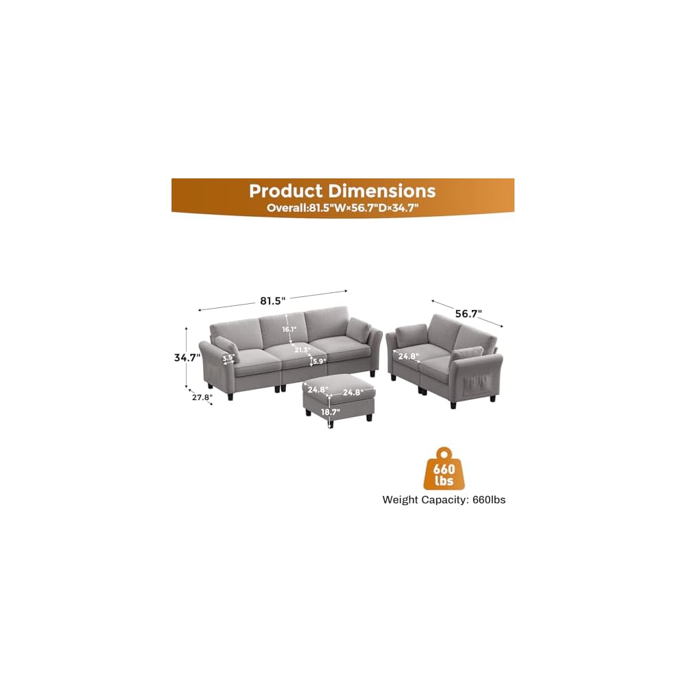 Legend Vansen Modular Sectional Sofa, 6‑Seat Comfy U‑Shaped Sectional Couch with Storage Space and Chaise, Convertible Sectional Couches for Living Room,Sofas Set with Curved Armrests,Light Grey