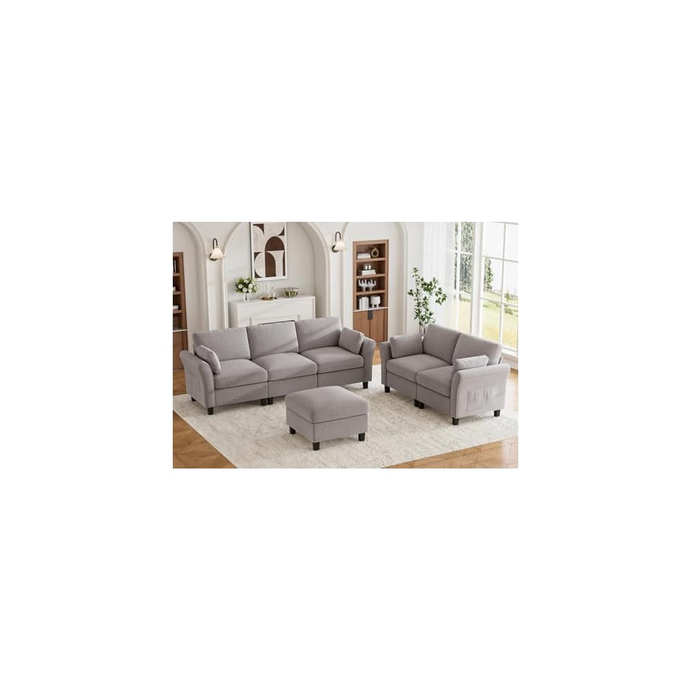 Legend Vansen Modular Sectional Sofa, 6‑Seat Comfy U‑Shaped Sectional Couch with Storage Space and Chaise, Convertible Sectional Couches for Living Room,Sofas Set with Curved Armrests,Light Grey