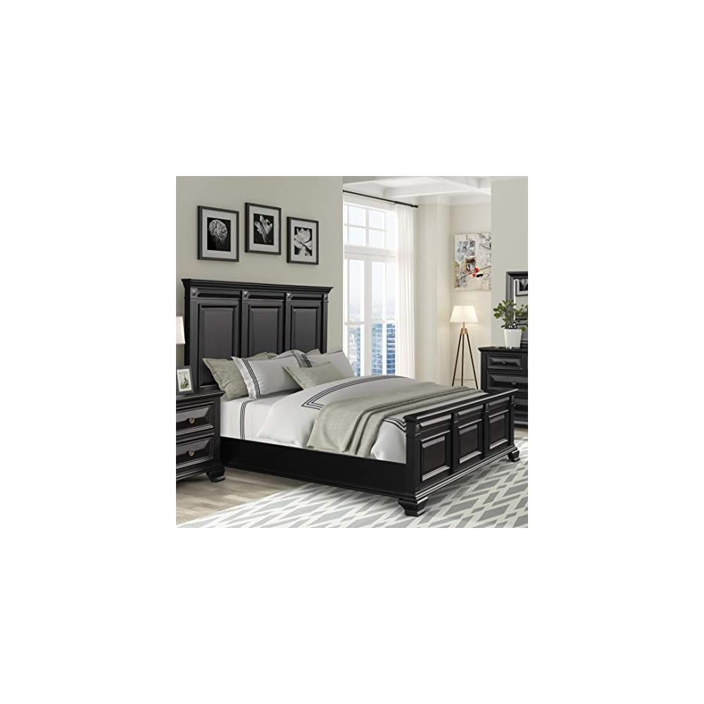 Roundhill Furniture Renova Vintage Black Wood Panel Bed, King