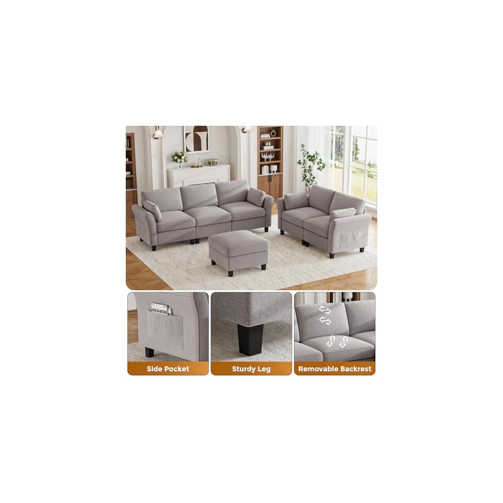 Legend Vansen Modular Sectional Sofa, 6‑Seat Comfy U‑Shaped Sectional Couch with Storage Space and Chaise, Convertible Sectional Couches for Living Room,Sofas Set with Curved Armrests,Light Grey