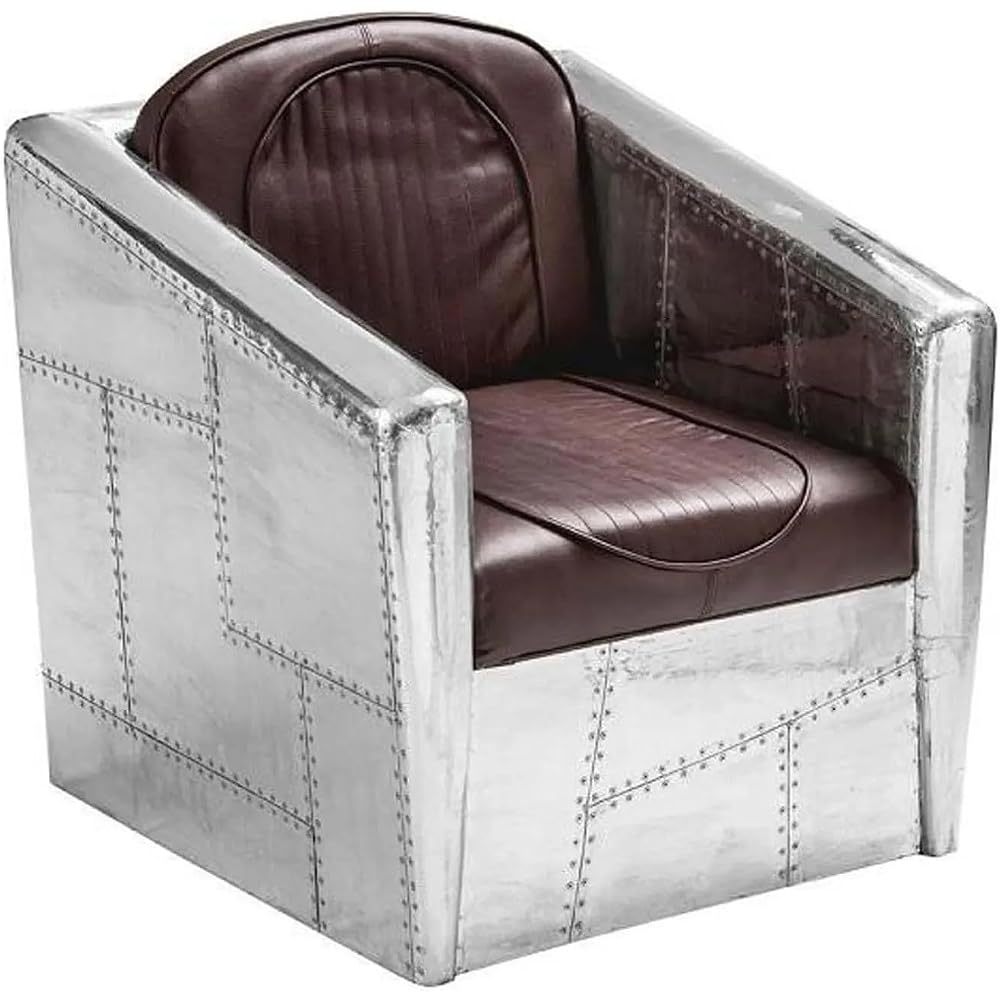 ARTIZANSTORE Aviator Armchair – Industrial Aluminum & Brown Leather Lounge Chair for Modern Industrial Home and Office Decor