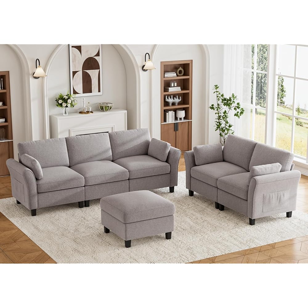 Legend Vansen Modular Sectional Sofa, 6‑Seat Comfy U‑Shaped Sectional Couch with Storage Space and Chaise, Convertible Sectional Couches for Living Room,Sofas Set with Curved Armrests,Light Grey