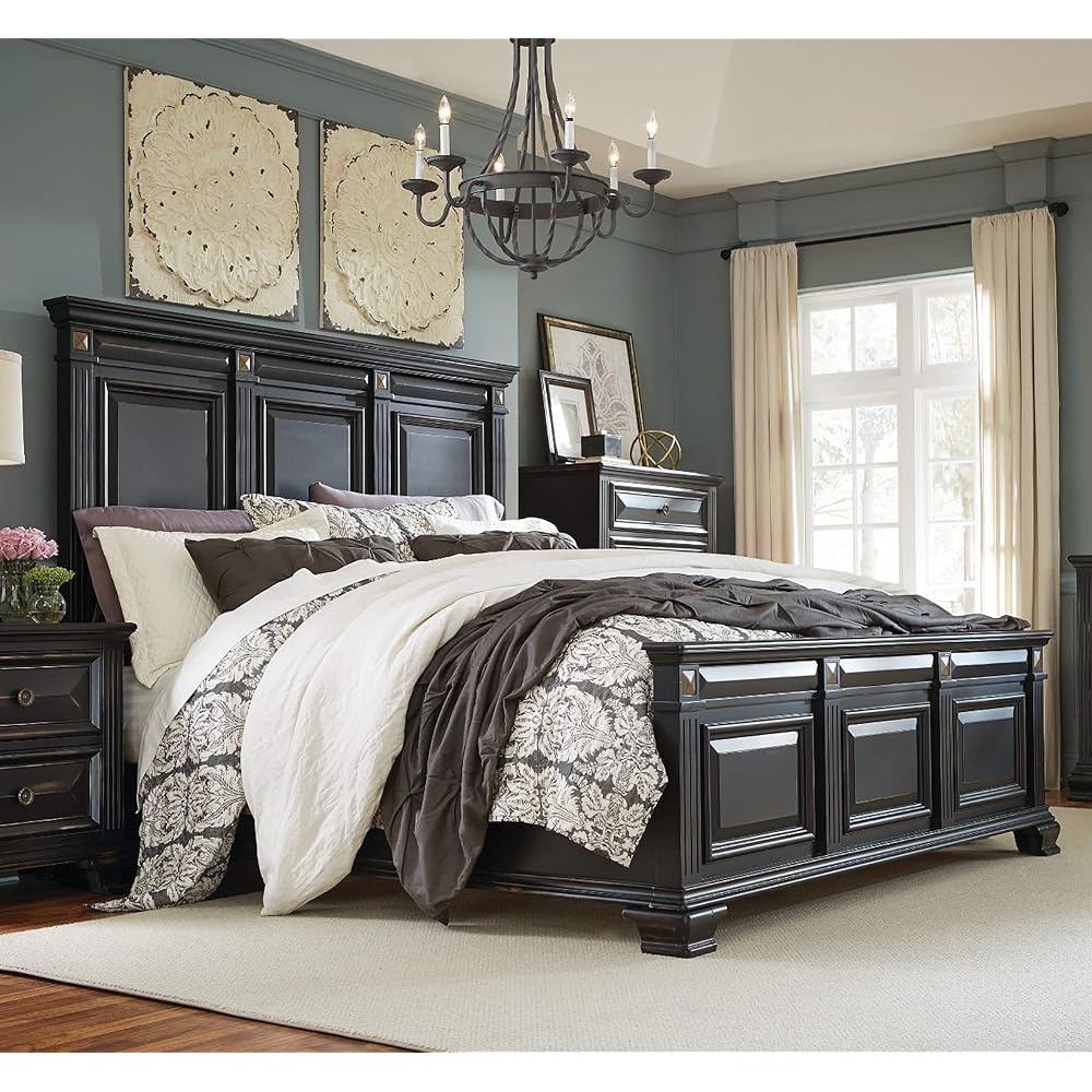 Roundhill Furniture Renova Vintage Black Wood Panel Bed, King